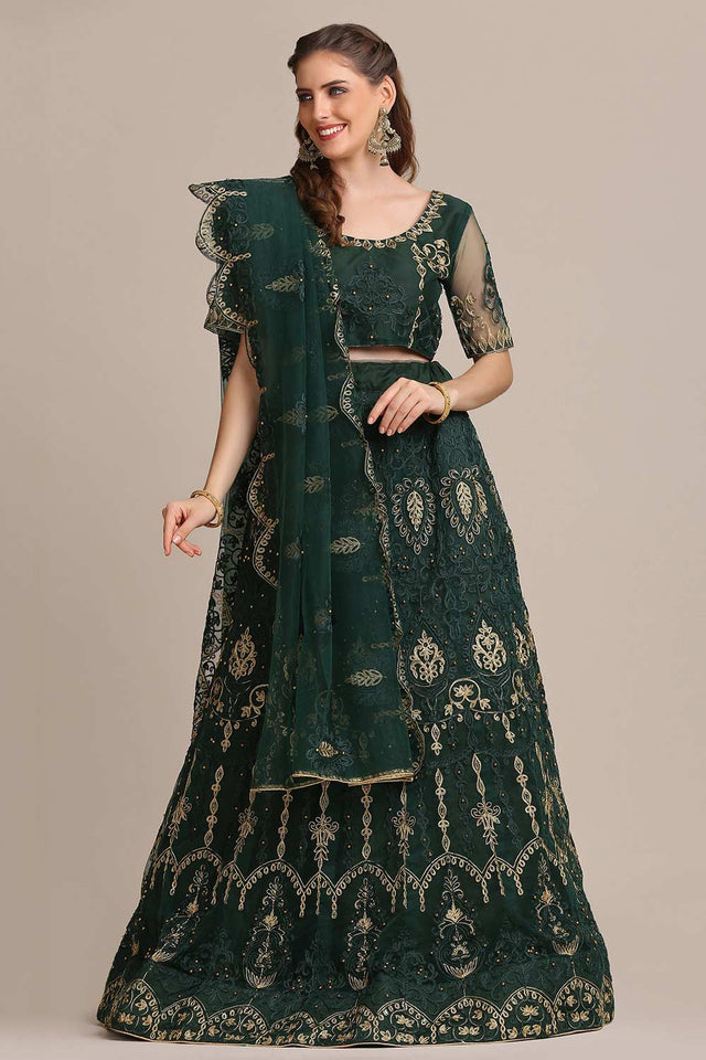 Green Taffeta Silk Embroidered Work Lehenga Choli