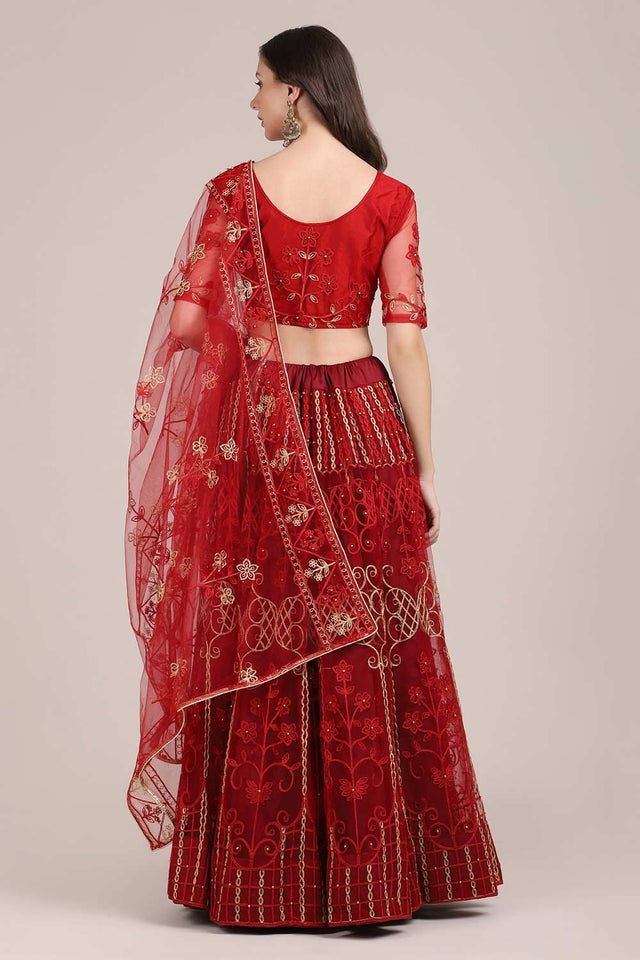 Red Net Embroidered Lehenga Choli