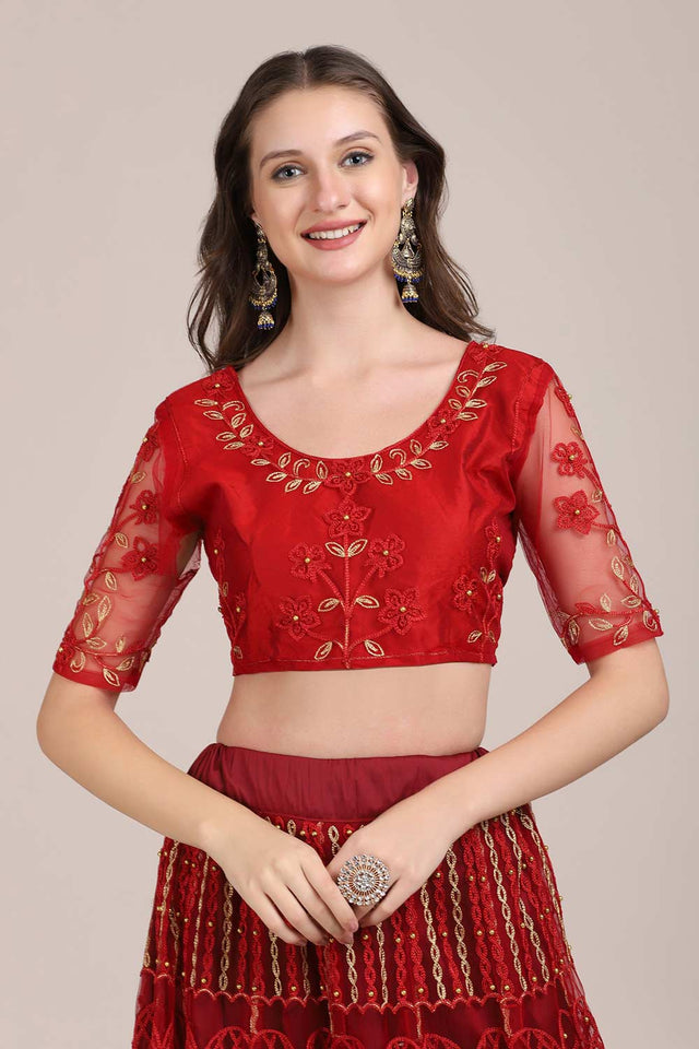 Red Net Embroidered Lehenga Choli