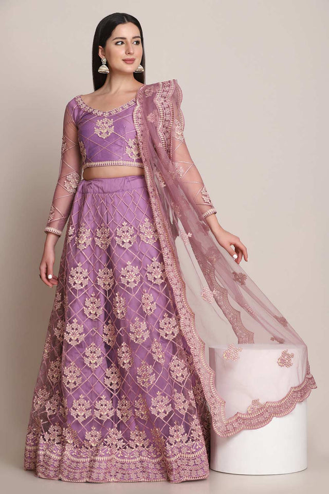 Purple Net Embroidered Lehenga Choli