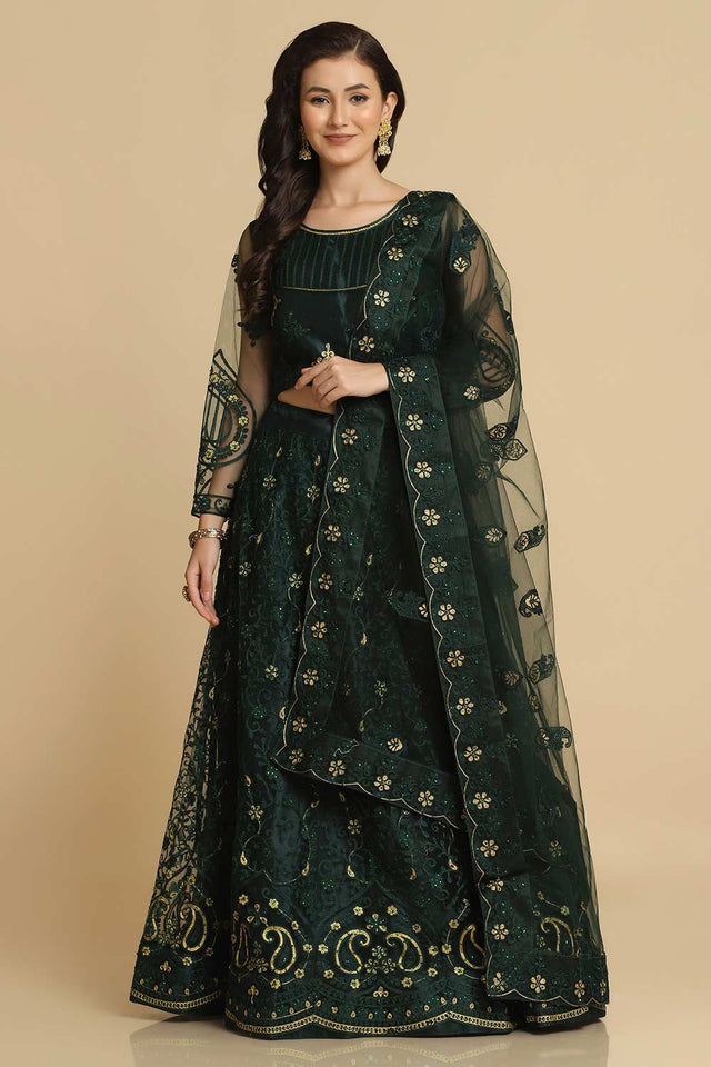 Green Net Embroidered Work Lehenga Choli