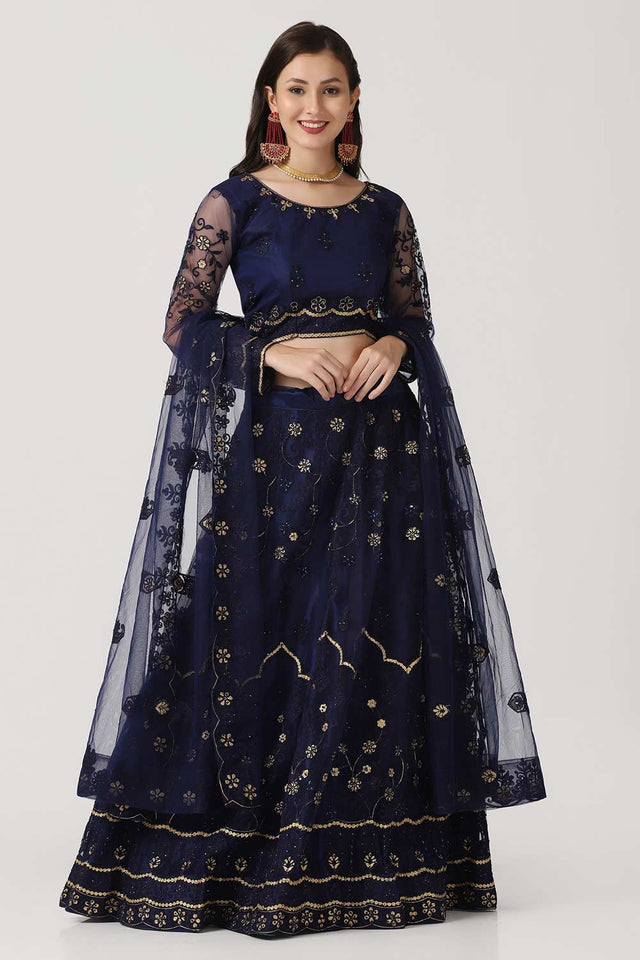 Blue Net Embroidered Work Lehenga Choli