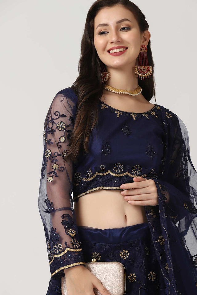 Blue Net Embroidered Work Lehenga Choli