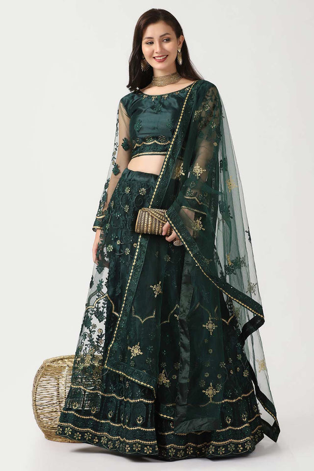 Green Net Embroidered Work Lehenga Choli