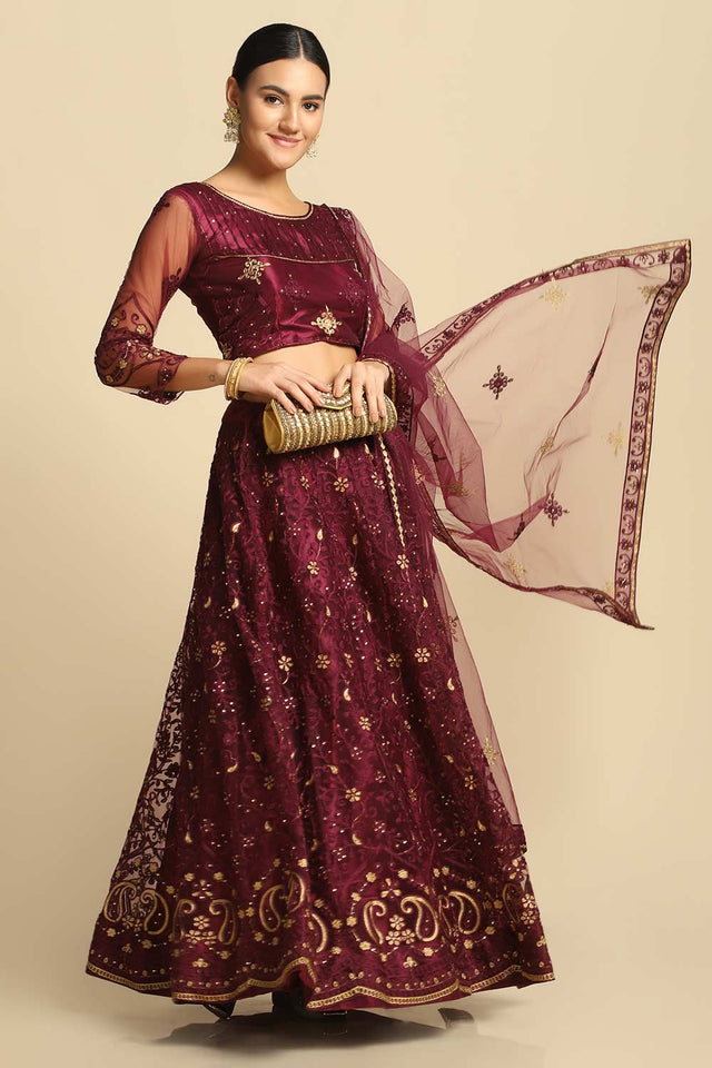 Purple Net Embroidered Work Lehenga Choli