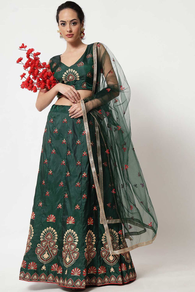 Green Taffeta Silk Embroidered Work Lehenga Choli