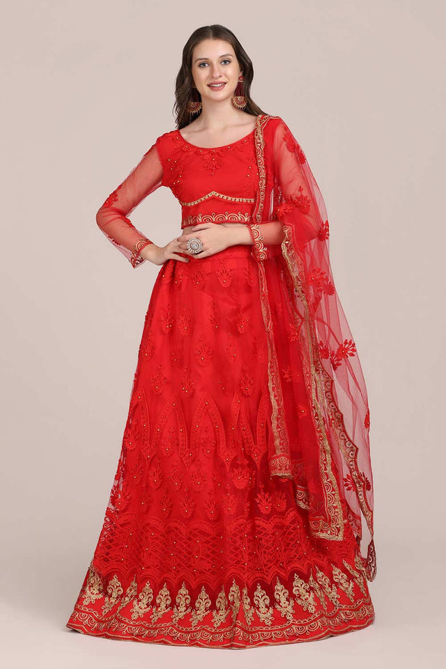 Red Net Embroidered Lehenga Choli