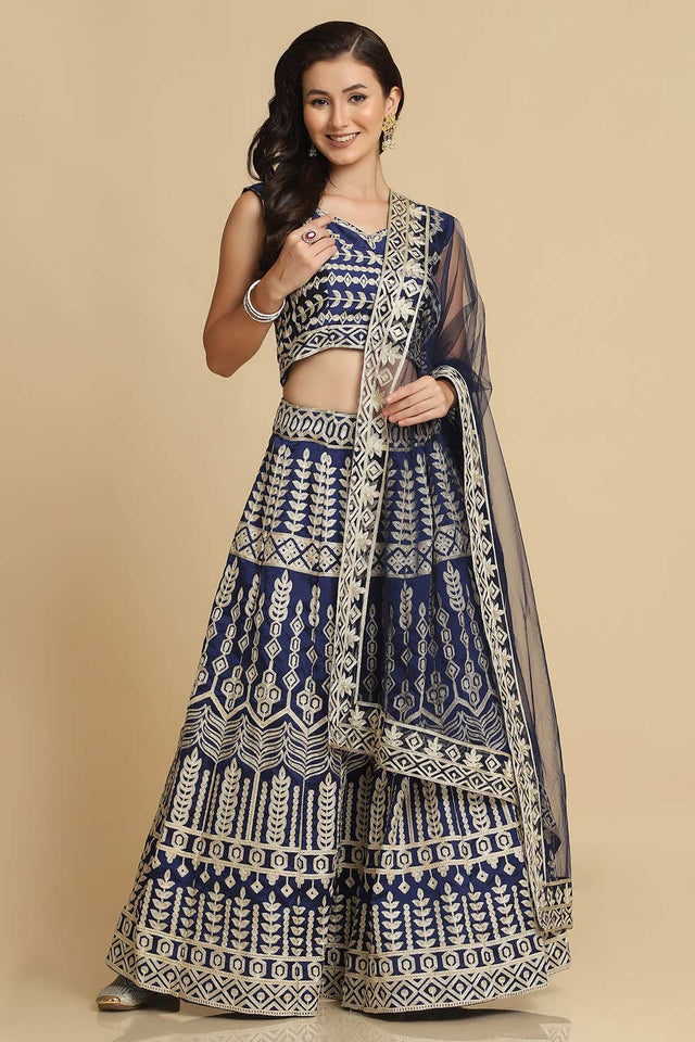 Navy Blue Taffeta Silk Embroidered Work Lehenga Choli