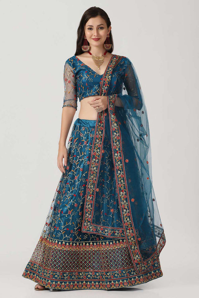 Teal Net Embroidered Work Lehenga Choli