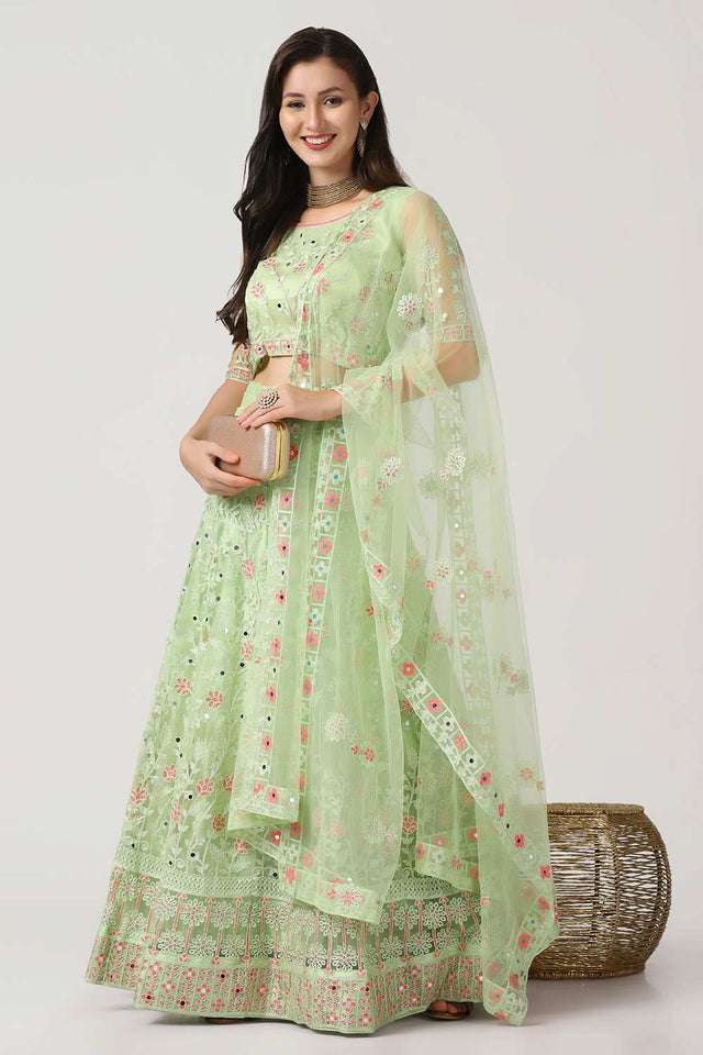 Green Net Embroidered Work Lehenga Choli