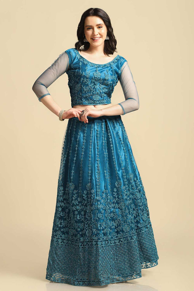 Teal Net Embroidered Work Lehenga Choli