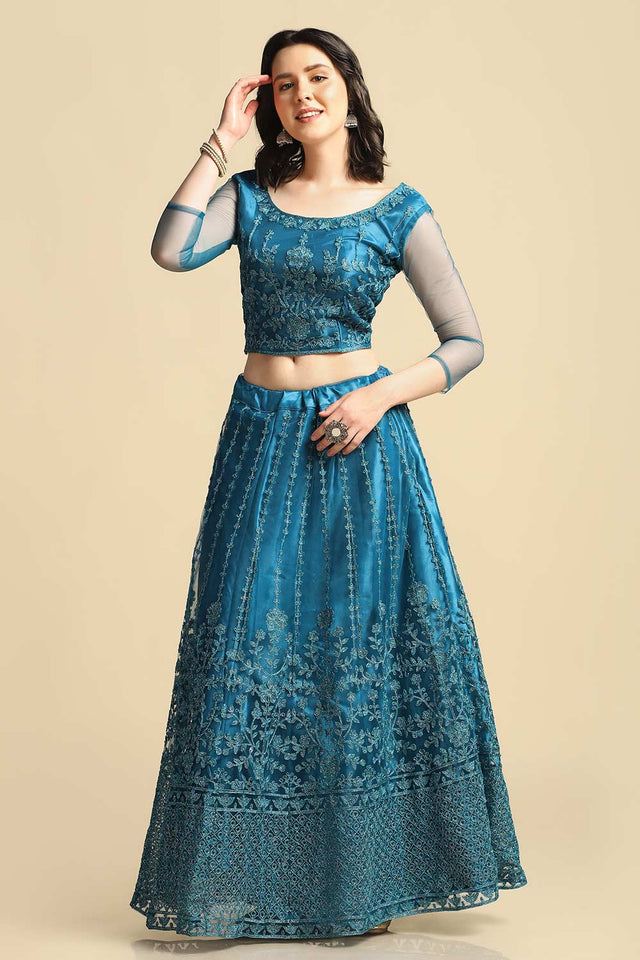 Teal Net Embroidered Work Lehenga Choli