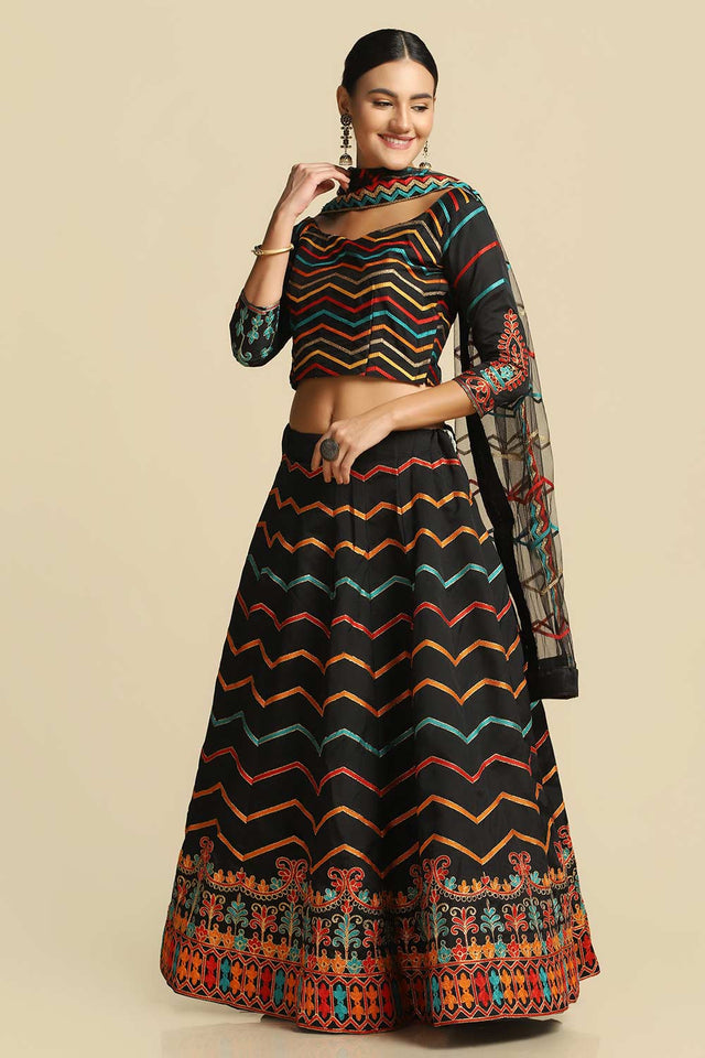 Black Taffeta Silk Embroidered Work Lehenga Choli