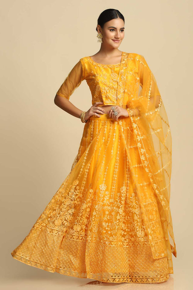 Yellow Net Embroidered Work Lehenga Choli