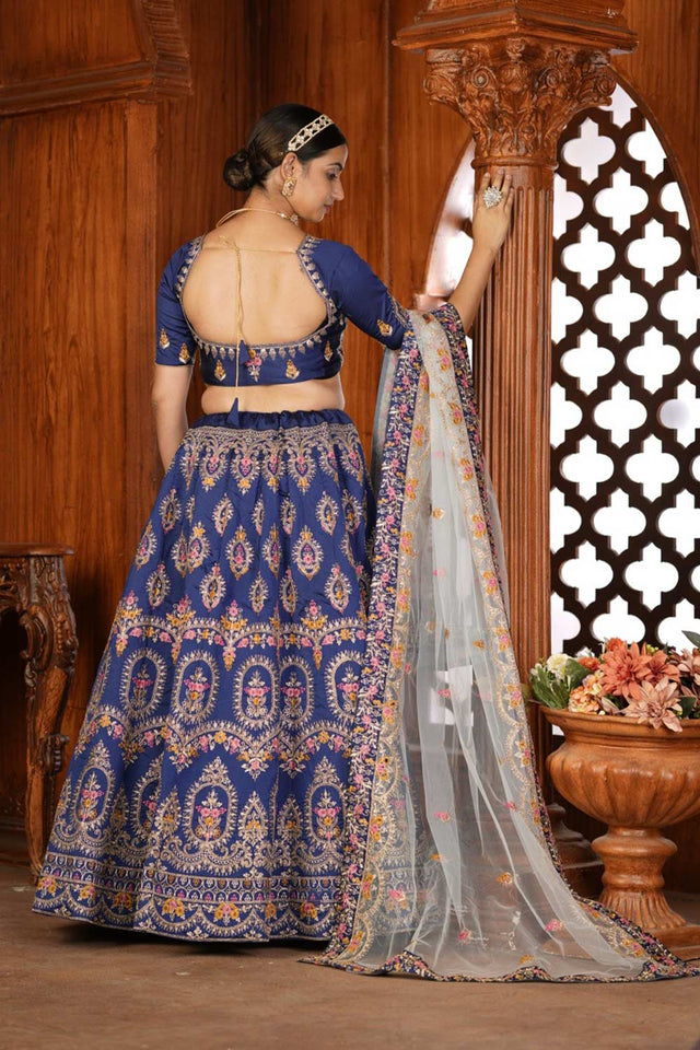 Navy Blue Taffeta Silk Embroidered Work Lehenga Choli