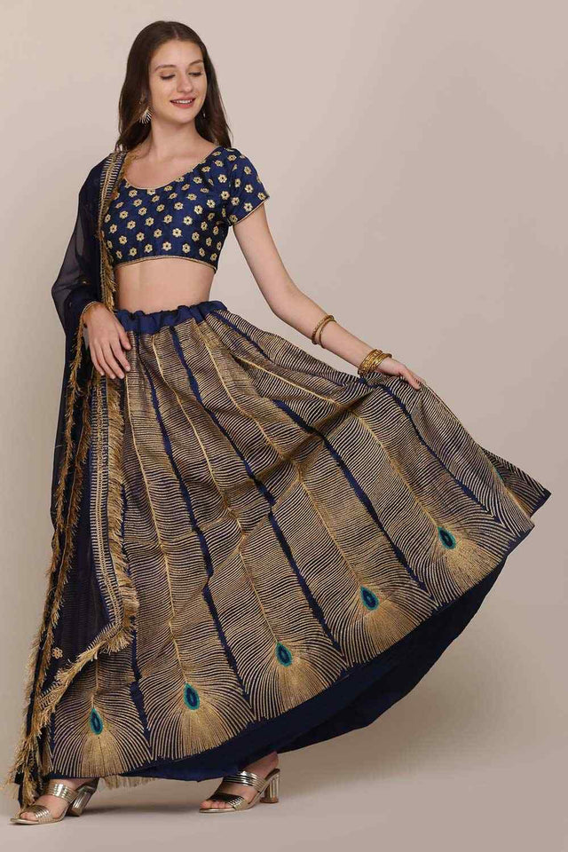 Blue Taffeta Silk Embroidered Lehenga Choli