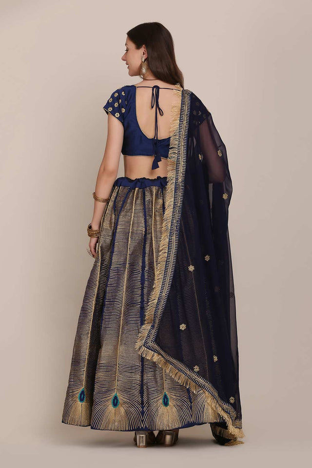 Blue Taffeta Silk Embroidered Lehenga Choli