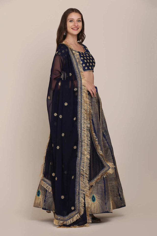 Blue Taffeta Silk Embroidered Lehenga Choli