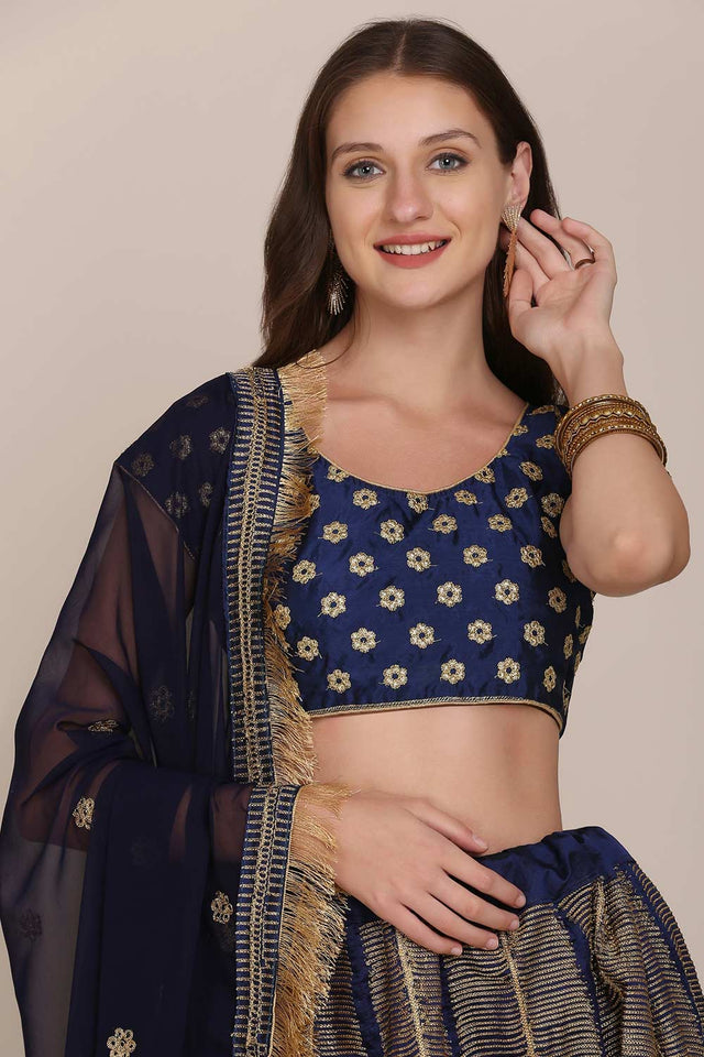 Blue Taffeta Silk Embroidered Lehenga Choli