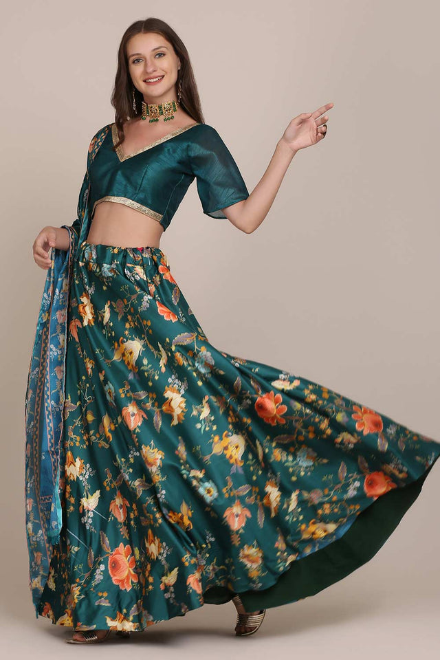 Green Chinon Printed Lehenga Choli