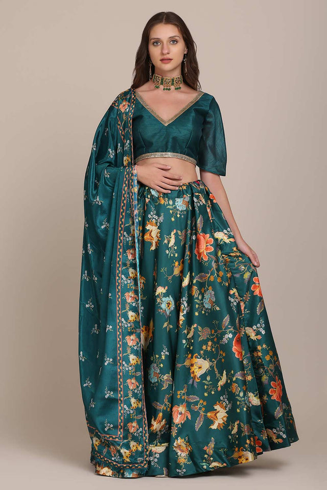 Green Chinon Printed Lehenga Choli