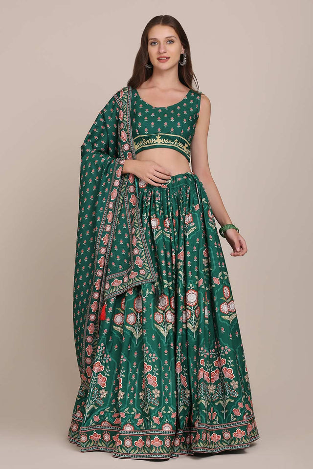Green Crepe Printed Lehenga Choli