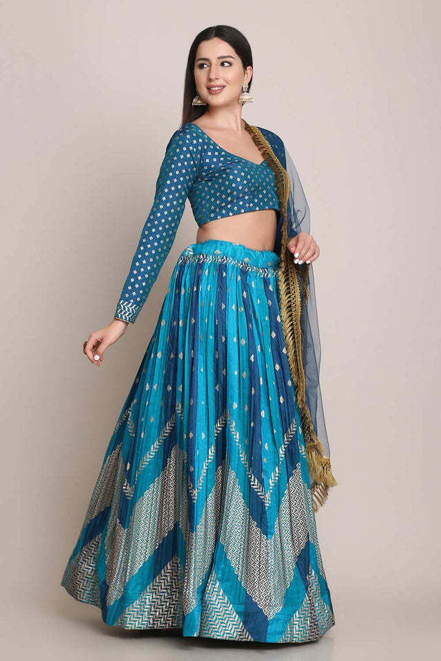 Blue Silk Blend Zari Woven Lehenga Choli