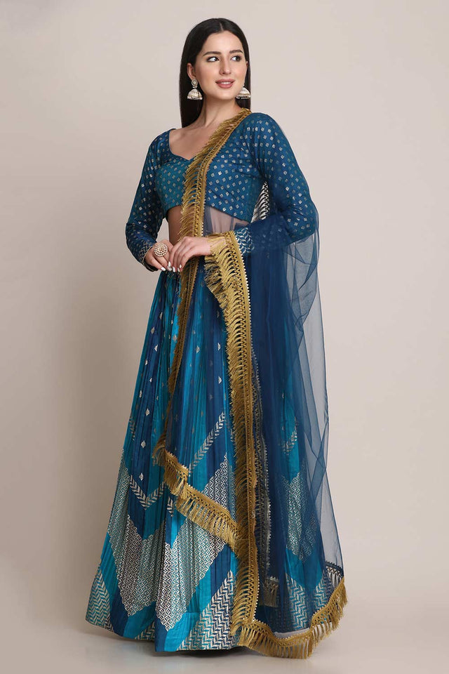 Blue Silk Blend Zari Woven Lehenga Choli