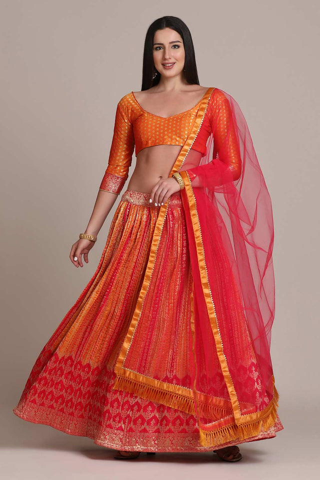 Orange Silk Blend Zari Woven Lehenga Choli