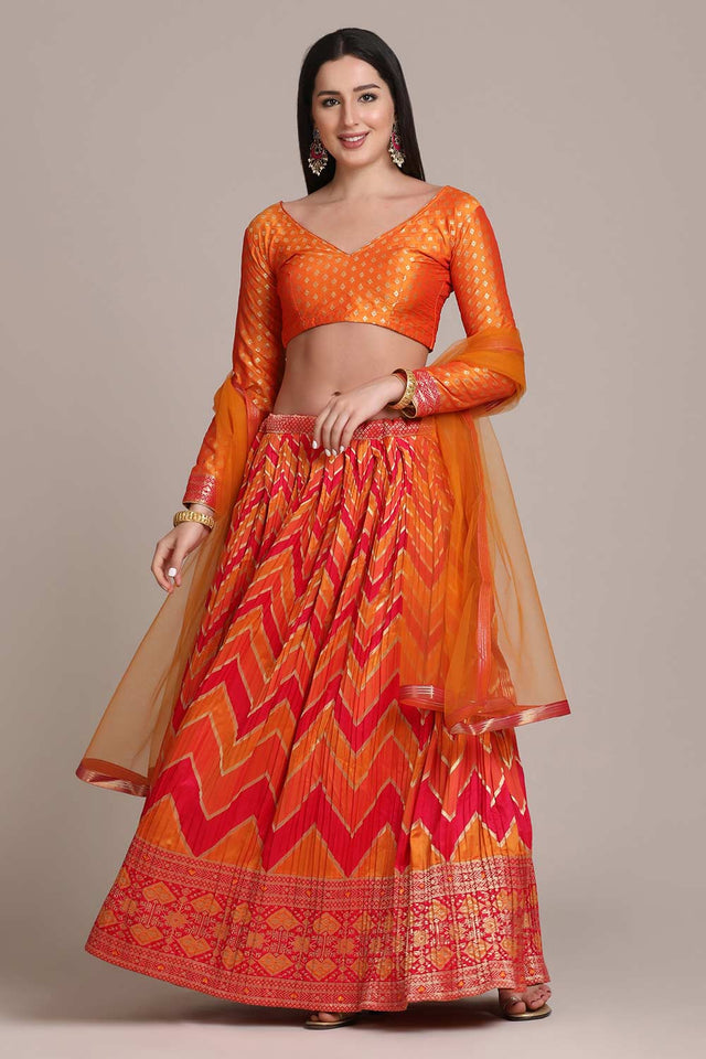 Orange Jacquard Silk Gold Woven Lehenga Choli