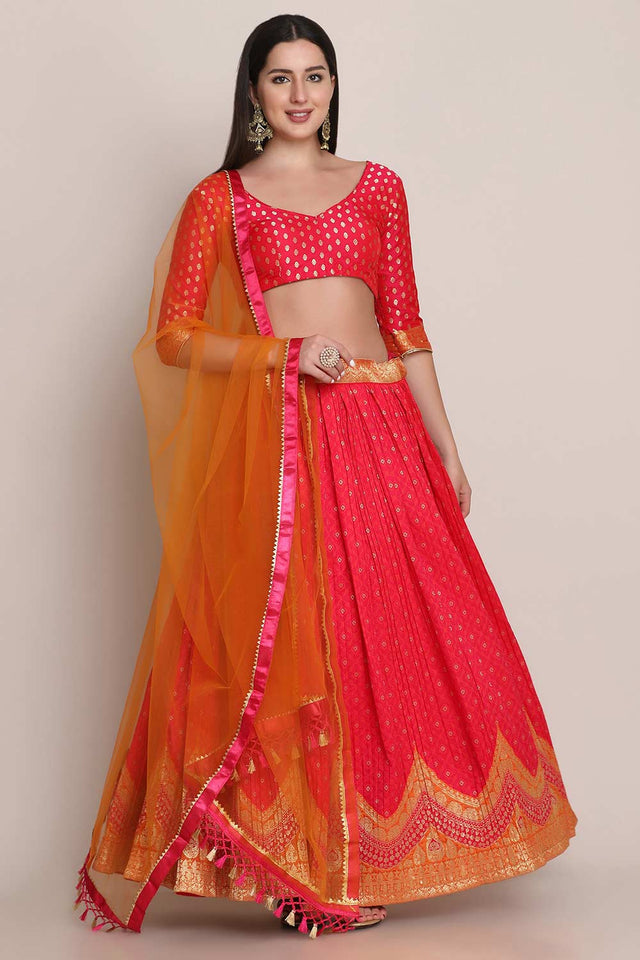 Pink Silk Blend Zari Woven Lehenga Choli