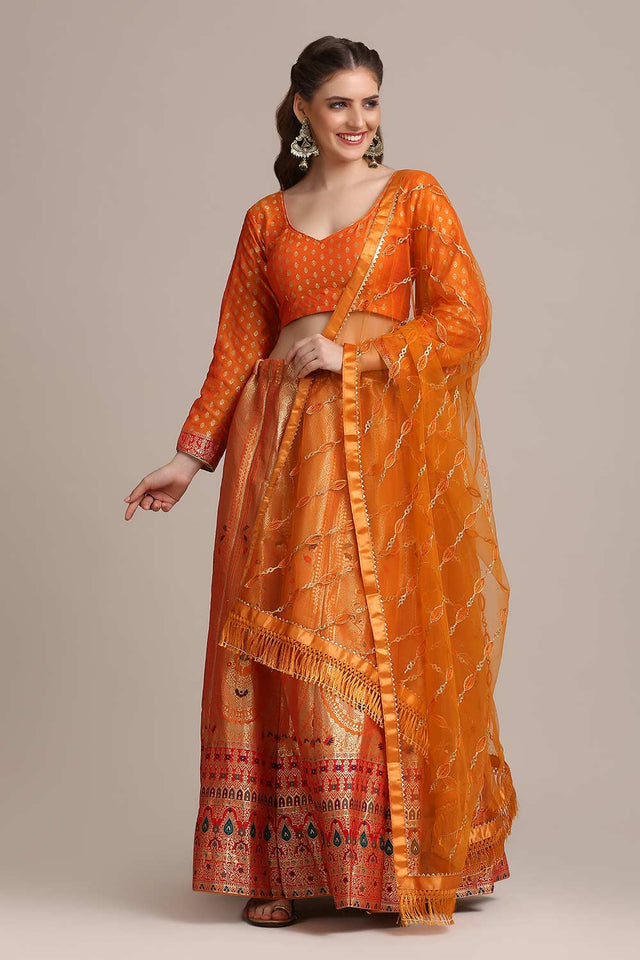 Orange Jacquard Silk Gold Woven Lehenga Choli