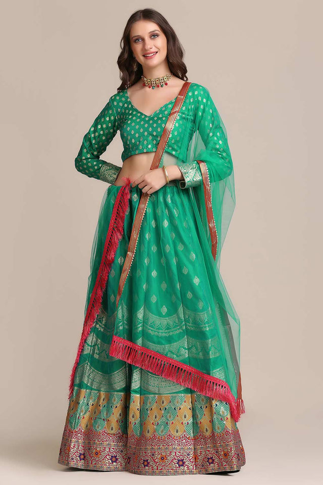 Green Jacquard Silk Gold Woven Lehenga Choli