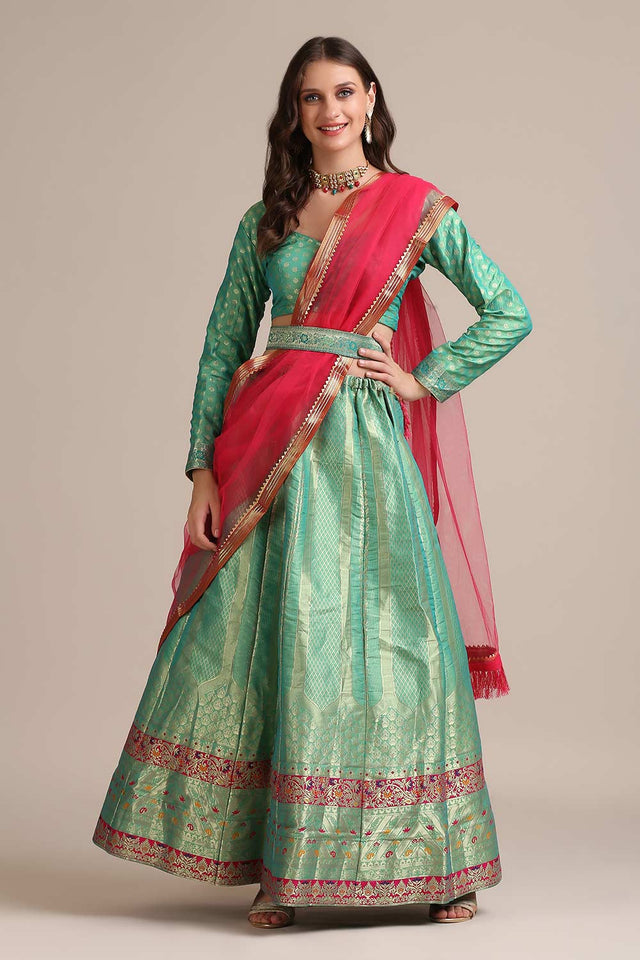 Green Jacquard Silk Gold Woven Lehenga Choli