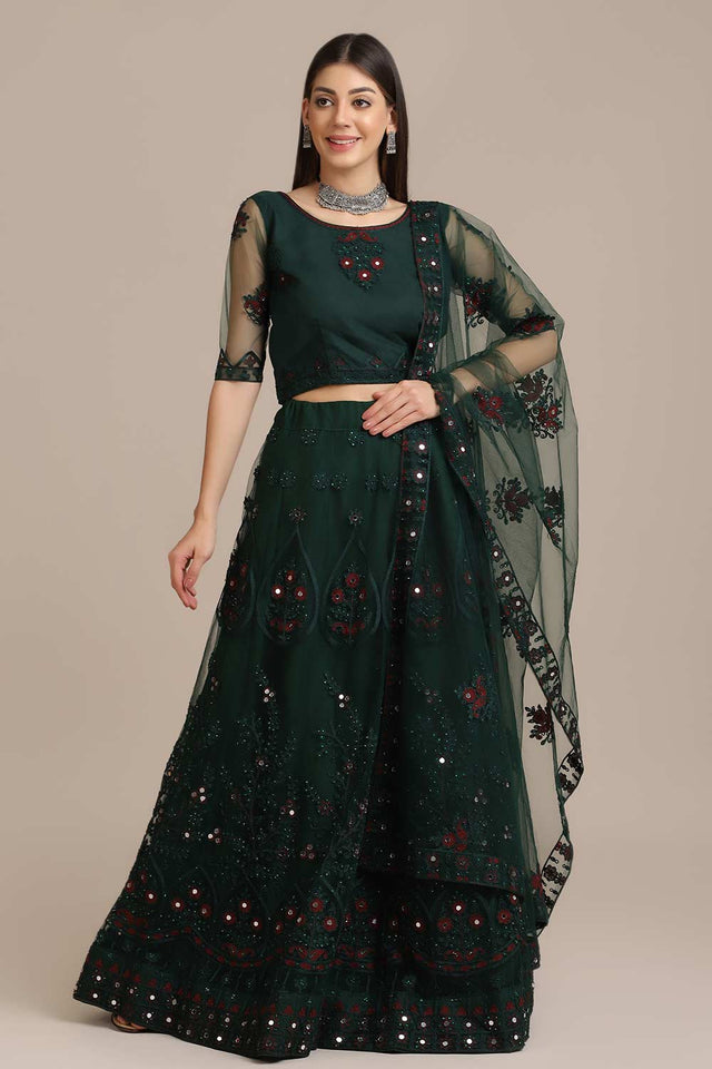 Green Net Embroidered Work / Mirror Work Lehenga Choli