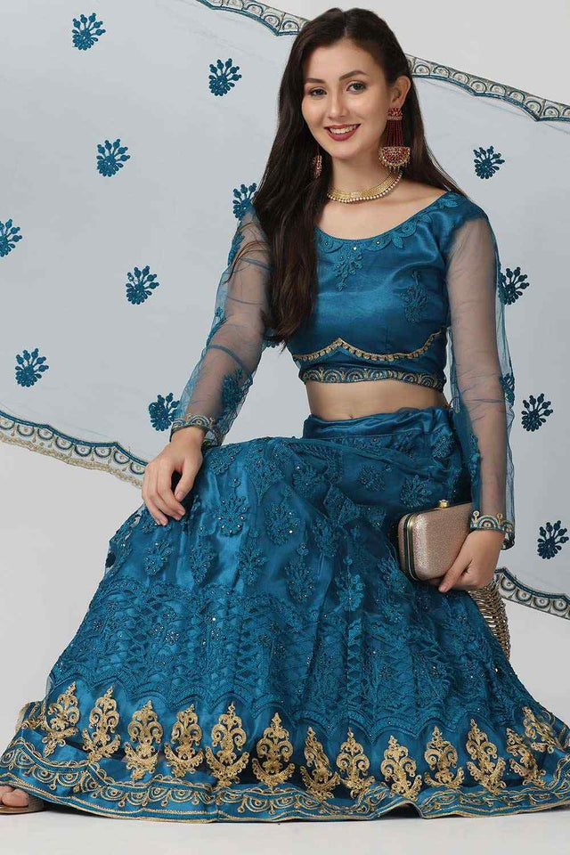 Blue Net Embroidered Work Lehenga Choli