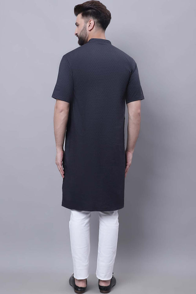 Buy Men's Black Cotton Self Design Long Kurta Top Online - Front