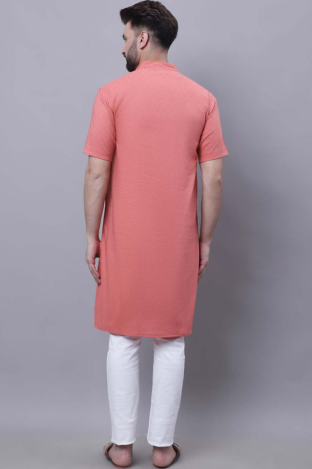 Buy Men's Peach Cotton Self Design Long Kurta Top Online - Front