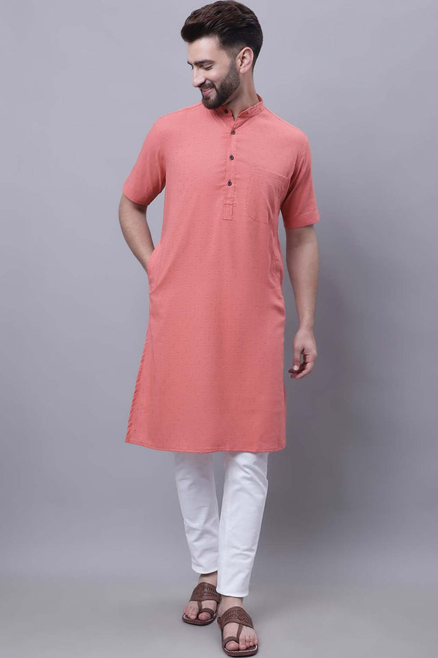 Buy Men's Peach Cotton Self Design Long Kurta Top Online - Zoom Out