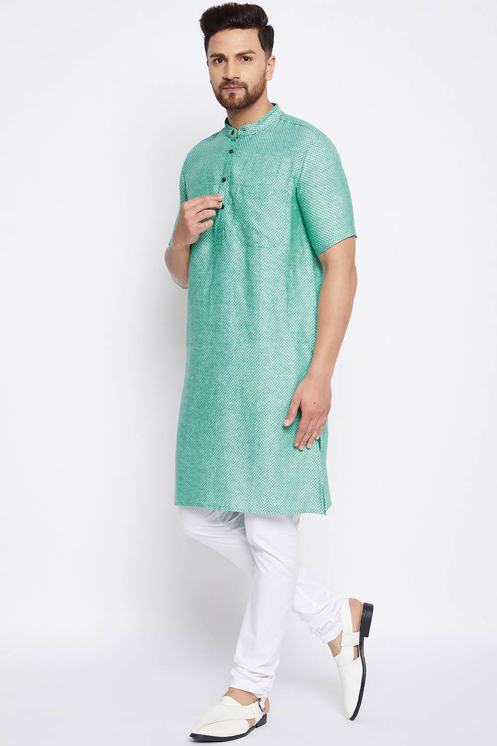 Buy Men's Cotton Solid Kurta in Green - Back
