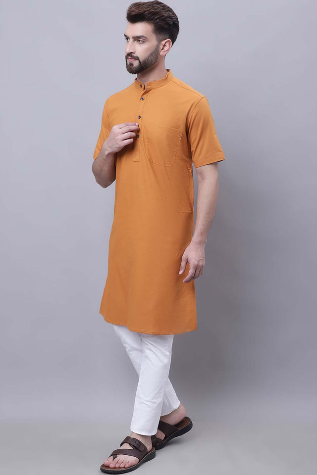 Buy Men's Yellow Cotton Solid Long Kurta Top Online