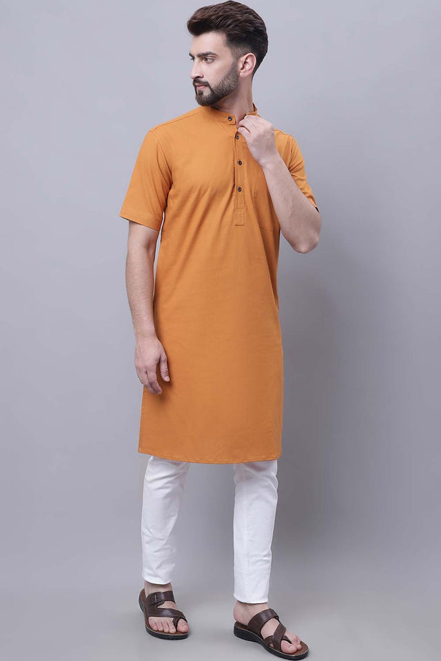 Buy Men's Yellow Cotton Solid Long Kurta Top Online - Back