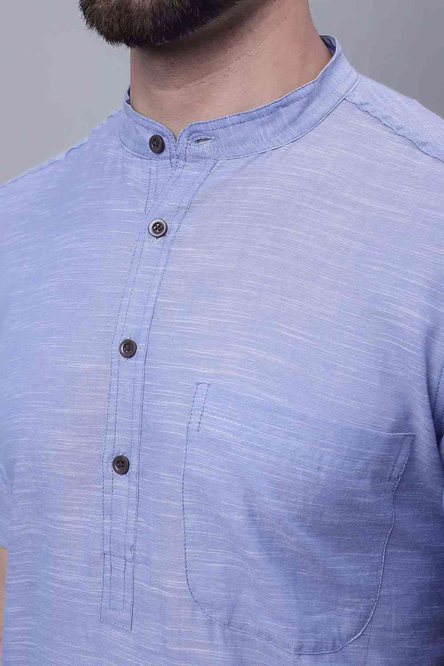 Buy Men's Blue Cotton Solid Long Kurta Top Online - Side