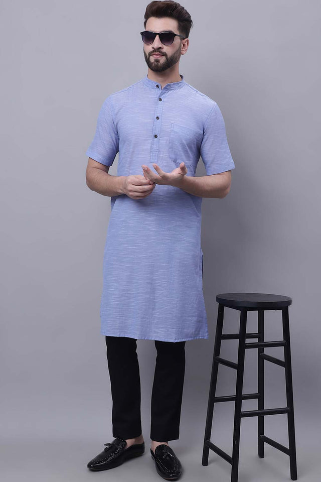 Buy Men's Blue Cotton Solid Long Kurta Top Online - Zoom In