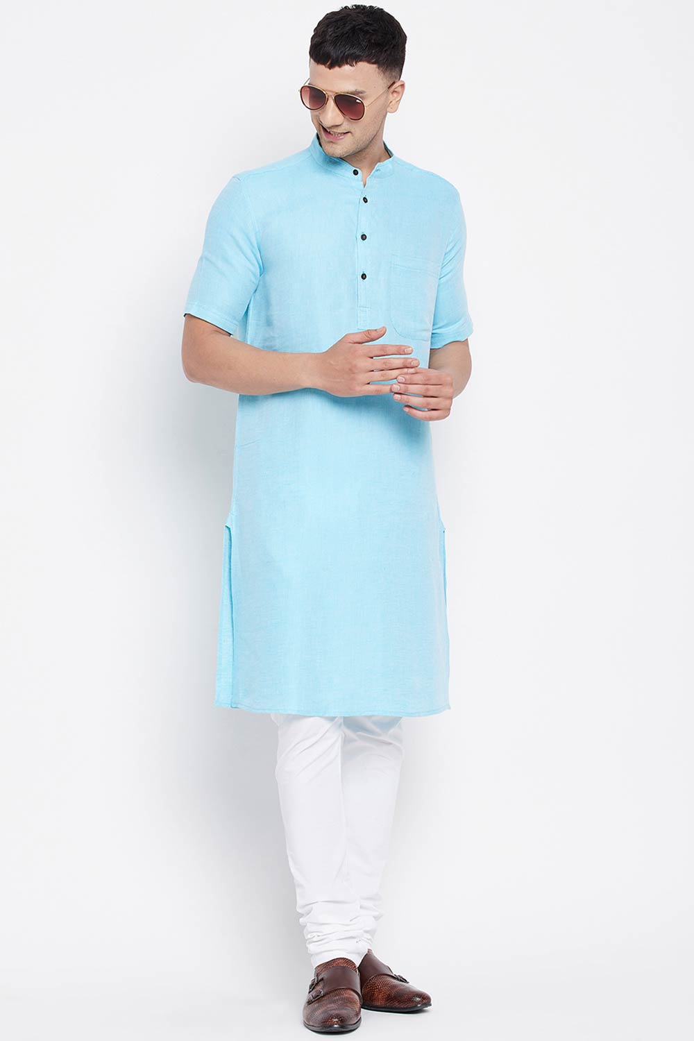 Buy Men's Pure Cotton Solid Long Kurta in Light Blue - Front