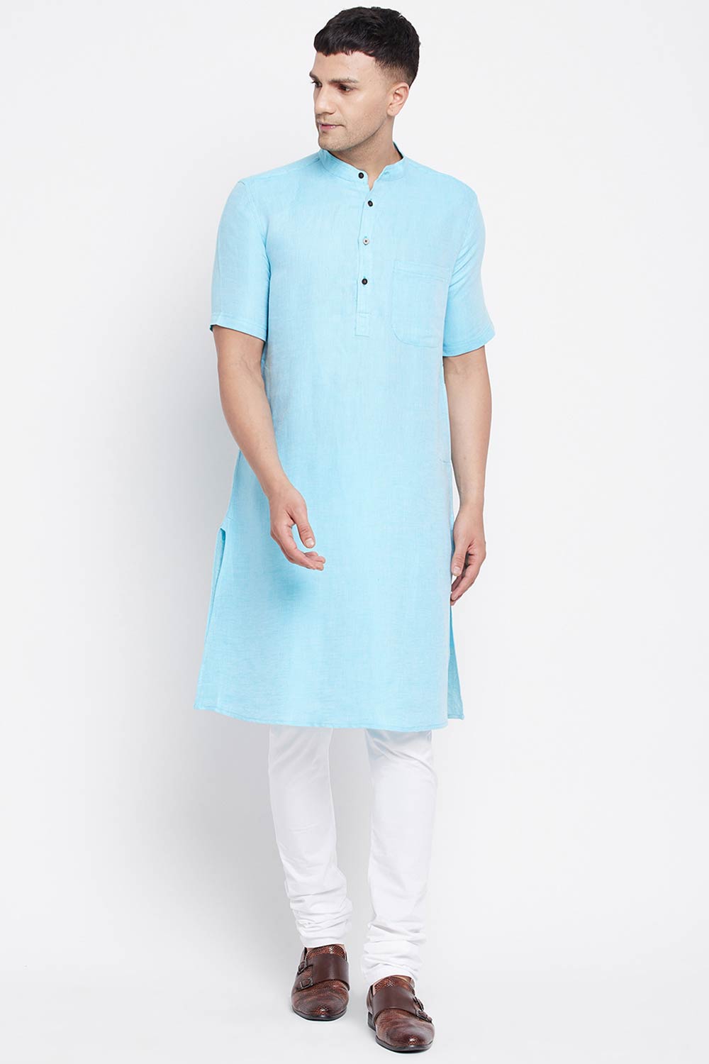 Buy Men's Pure Cotton Solid Long Kurta in Light Blue