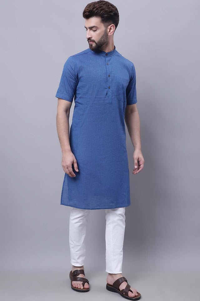Buy Men's Blue Cotton Striped Long Kurta Top Online - Back