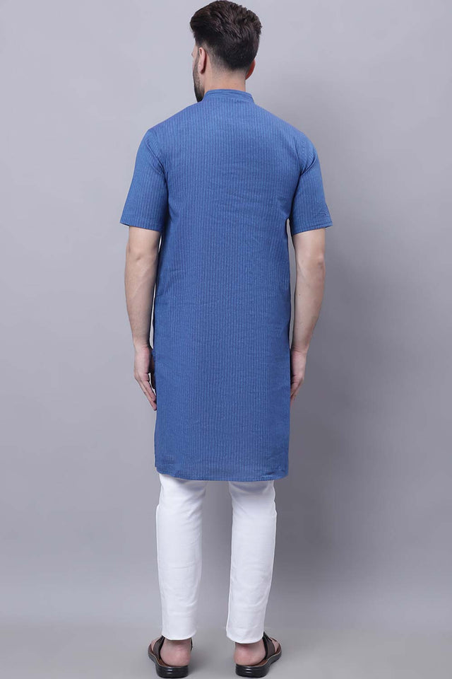 Buy Men's Blue Cotton Striped Long Kurta Top Online - Front