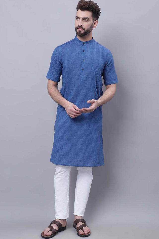Buy Men's Blue Cotton Striped Long Kurta Top Online