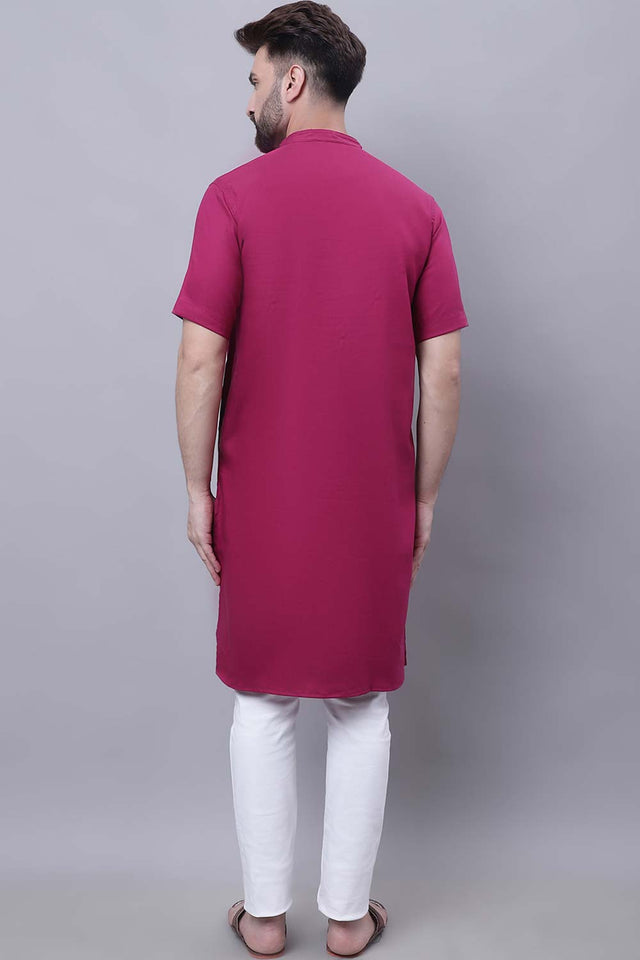 Buy Men's Maroon Cotton Solid Long Kurta Top Online - Front